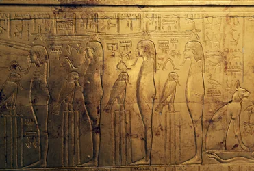 Reliefer av första registret av yttre panelen i andra begravningskapellet, Tutankhamuns skattkammare, Egypten, Egyptisk civilisation, Nya riket, XVIII:e dynastin
