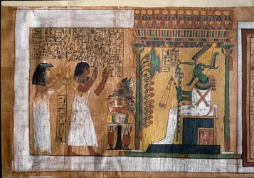 Den avlidne Kha och hans hustru Merit dyrkar Osiris, härskare över livet efter döden - Papyrus ur De dödas bok, från arkitekten Khas gravkammare