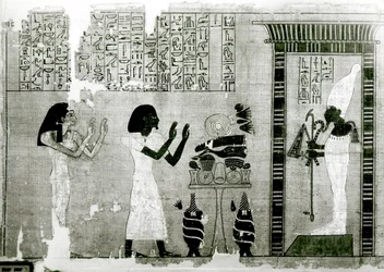 Den avlidne tillsammans med sin syster går för att hylla Osiris, detalj från de dödas bok, Nya kungariket (papyrus)