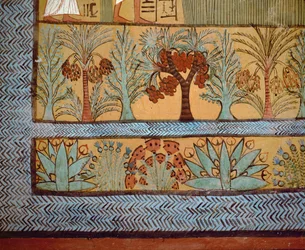 Träd, kaktusar och växter i en religiös målning av den välvda gravkammaren i Sennedjem (No