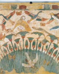 Väggmålning föreställande flora och fauna i träskmarkerna längs Nilen, från Neferheteps grav, detalj