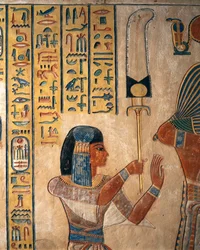 Egypten, Luxor, antika Thebe, Drottningarnas dal. Grav av Amon Khopechef, son till Ramses II prins som håller flabellum (solfjäder)
