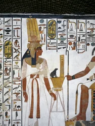 Egypten, Thebe, Luxor, Drottningarnas dal, Nefertaris grav, Annex till förkammaren, Väggmålningar, Drottning före den gudomlige skrivaren Thoth
