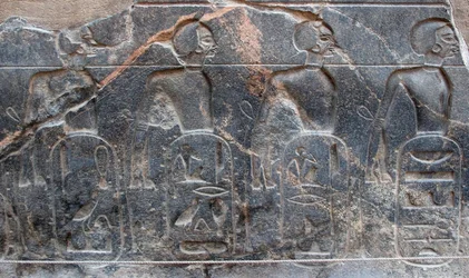 Egyptisk antikvitet: detalj av en relief som dekorerar emblemen för de territorier som erövrats av farao Ramses II (1292-1186 f.Kr.). Luxors tempel. East Bank (Thebe), Egypten