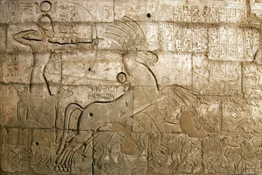 Egyptisk forntid: vy över relieferna som hyllar Ramses II:s bedrifter under slaget vid Qadesh år 1274 f.Kr. Faraonen avbildas på sin stridsvagn, gravtemplet tillägnat farao Ramses II (1279-1213 f.Kr.), Ramasseum-platsen (Ramesseum) i L