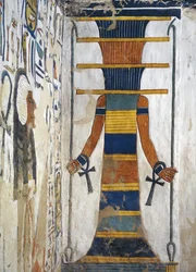 Osiris som en djedpelare, hållande en was-spira i vardera handen och med en ankh vid vardera handleden, detalj från det första västra annexet till Nefertaris grav, Egypten, Thebe, Luxor, Drottningarnas dal, Nefertaris grav, annex till gravkammaren