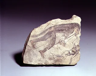 Ostracon med en figur av en apa som spelar en flöjt, New Kingdom (målad kalksten)