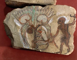 Ostrakon föreställande en apa som plockar dadlar under uppsikt av en ung man från Egypten, Västra Thebe, Deir el-Medina
