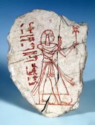 Ostrakon med en mansfigur, från Deir El-Medina (målad kalksten)
