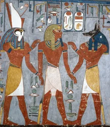 Ramses I mellan Horus och Anubis, fresk, gravkammare, Ramses I:s grav (KV16), Konungarnas dal, Thebe (Unescos världsarvslista)