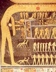 Detalj ur Dagens bok från taket i gravkammaren i Ramses VI:s grav (regeringstid 1143-1136 f.Kr.), Nya riket