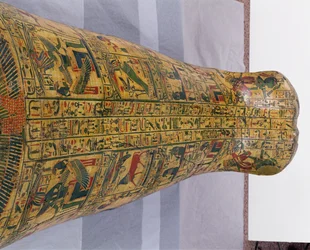 Detalj av det yttre kistlocket på mumin av Nesyamun, möjligen hittat i Deir El-Bahri, New Kingdom, ca 1100 f.Kr. (målat trä)