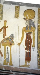 Egypten, Thebe, Luxor, Konungarnas dal, prins Mentuherkhepeshefs grav, väggmålning av den katthövdade gudinnan Bastet, 20:e dynastin