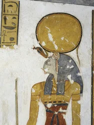 Egypten, Thebe, Luxor, Konungarnas dal, prins Mentuherkhepeshefs grav, väggmålning av den katthövdade gudinnan Bastet, 20:e dynastin