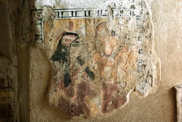 Egyptisk antikvitet: representation av Shuroy och hans fru i tillbedjan. Målning av Shuroys grav (TT13). 20:e dynasti. 1190-1077 f.Kr. Nekropolen i Dra Abu el-Naga, Västbanken i Luxor, Egypten