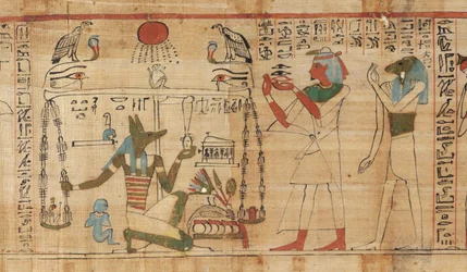 Detalj ur prästen Aha-Mers dödbok, med Anubis som väger den dödes hjärta mot Sanningens Fjäder