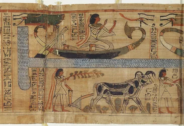 Detalj från prästen Aha-Mers dödbok som visar en bark och en jordbruksscen, tredje mellanperioden (papyrus)