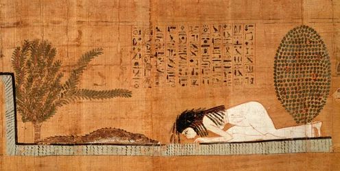 Begravningspapyrus som föreställer den avlidne lutande framför krokodilen (papyrus)