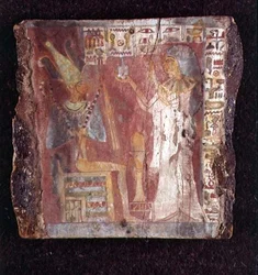 Interiör av sångarens, Toarnemihertis sarkofag, som visar den avlidne som offrar rökelse till Osiris på tronen, tredje mellanperioden (målad sten) (se även 107960)