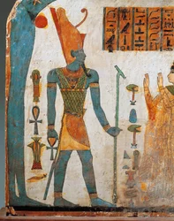 Stele av damen Taperet, trästele målad på båda sidor, sida B: Taperet bedjande guden Atum, den nedgående solen, tredje mellanperioden, dynasti XXII