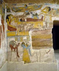 Väggmålningar av gravkammaren i Pa Nentwys grav, Bahariya Oasis, Giza, Egyptens egyptiska civilisation, 26:e dynastin, 663-525 f.Kr.