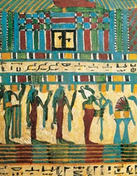 Gipsad och målad träpaneldetalj med domarkammaren och guden Osiris följt av gudomligheter, från Sarcophagus of Usai, Thebe