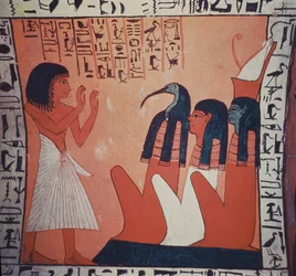 Gravmålning som visar de avlidna före Osiris, Isis och Thoth