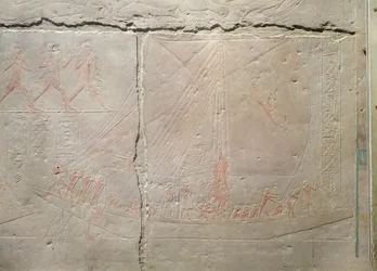 Relief som visar en båtresa, från Mastaba i Akhethotep, Gamla kungariket, ca 2400 f.Kr. (målad kalksten)