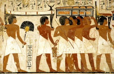 Forntida Egypten, målning, begravningsprocession, Ramoses grav, män som bär skatter, Thebe, Adelsmännens dal