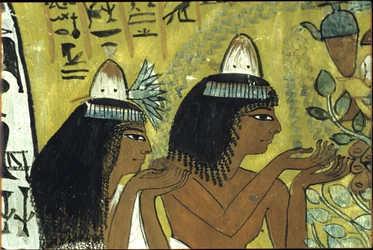 Forntida Egypten, Väggmålning, Sennedjem och hans hustru tillber Isis i Persea-trädet, Sennedjems grav, Thebe, Deir el Medina