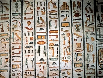 EGYPTISK KONST: Hieroglyf. Från Sethi I:s grav i Konungarnas dal. (freskomålning)