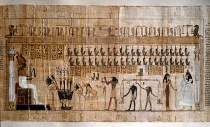 Forntida Egypten: själarnas vägning (psykostasi). Papyrus ur en Dödsbok. Turin, Egyptiska museet.