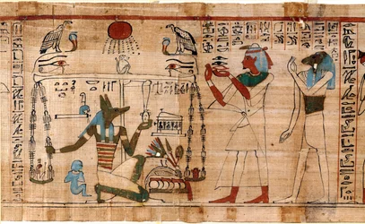 Forntida Egypten: själens vägning - Detalj ur De dödas bok, papyrus bevarad på Egyptiska museet i Turin, Italien