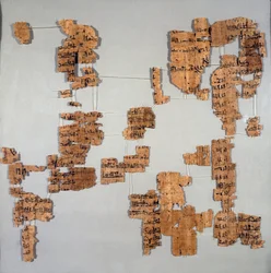 Egyptisk antikvitet: fragment av papyrusen känd som den kungliga kanonen eller "Papyrus royal" som innehåller listan över faraoner från den 1:a till den 17:e dynastin. Turin, egyptiskt museum