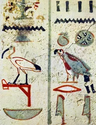 Egyptiska hieroglyfer från en väggmålning i en grav