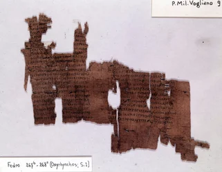 Litterär Papyrus: "Phedrus" av Platon (-428; -348), grekisk filosof. Universitetet i Milano, Institutet för papyrologi