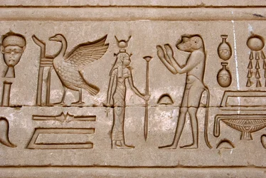 Egyptisk antikvitet: hieroglyfer på den östra väggen av Hathor-templet, Denderah, Egypten - Egyptisk civilisation: hieroglyfer ristade på väggen av Hathor-templet (eller Tentyra-templet) i Denderah, byggt under Pepi I:s regeringstid (ca 2250 f.Kr.) - Dende
