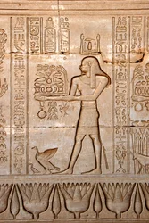 Egyptisk antikvitet: representation av en man som ger offer till gudinnan, Hathortemplet, Denderah, Egypten - egyptisk civilisation: en man som bär offergåvor till gudinnan Hathor, ristad på väggen av Hathortemplet (eller Tentyratemplet) i Denderah