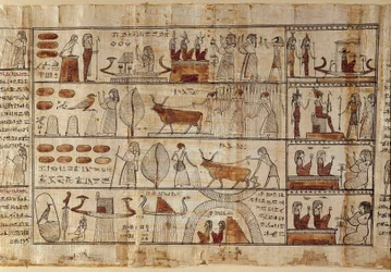 Egyptisk antikvitet: Elyseesfälten. Målning på papyrus från dödboken. Ptolemaiska perioden Turin, egyptiskt museum - Forntida Egypten: de elysiska fälten. Målning på papyrus från dödboken. Ptolemaisk period. Egyptiska museet, Turin, It