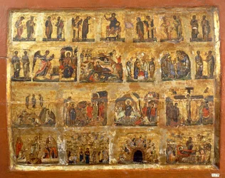 Deesis Row och de tolv stora högtiderna (färg och bladguld på panel)