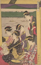A Party of Geisha in a Suzumi-bune, d.v.s. avkylningsbåt. Andra scenen av en båt..., ca. 1796.