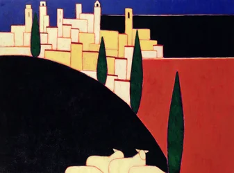 San Gimignano med får, 1999 (akryl på papper)