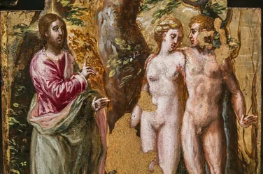 Bärbar altares baksida: Adm och Eva vända mot den evige fadern, detalj av 2384587 (tempera grassa på panel)