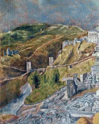 Utsikt och karta över Toledo (målning på duk)
