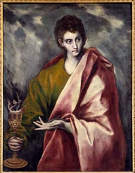 Sankt Johannes evangelisten Målning av Domenikos Theotokopoulos dit El Greco (1541-1614) 1600-talet sön. 0,9x0,77 m Madrid, Musee du Prado - Sankt Johannes evangelisten. Målning av Domenikos Theotokopoulos känd som El Greco (1541-1614)