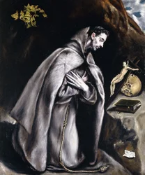 Saint Francis knäböjer i meditation,