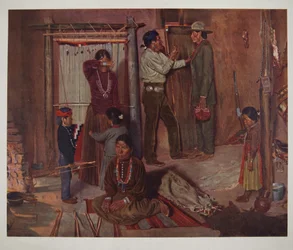 Lämnar hemmet för Carlisle Indian School (chromolitho)