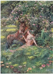 Bottom och Titania: "Kom och sätt dig ner på den här blomsterbädden" (litho)