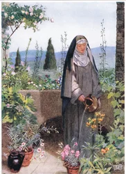 St Clare i trädgården till klostret hon grundade (litho)