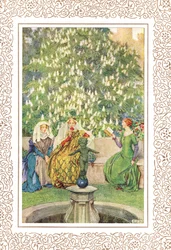 Drottningen som satt mellan hennes bästa Enid och lustiga Vivien..., illustration från 